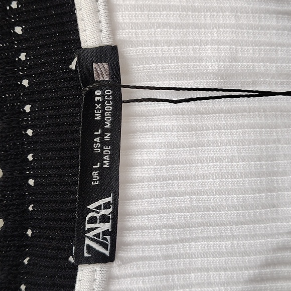 Zara Button Down Top Size Large White Ribbed Top Black Trim Short Sleeve Stretch - Picture 2 of 5